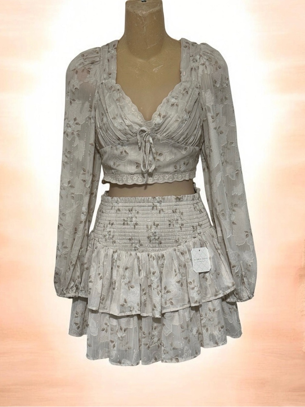 Altar'd State Cream Floral Tiered Mini Skirt Set